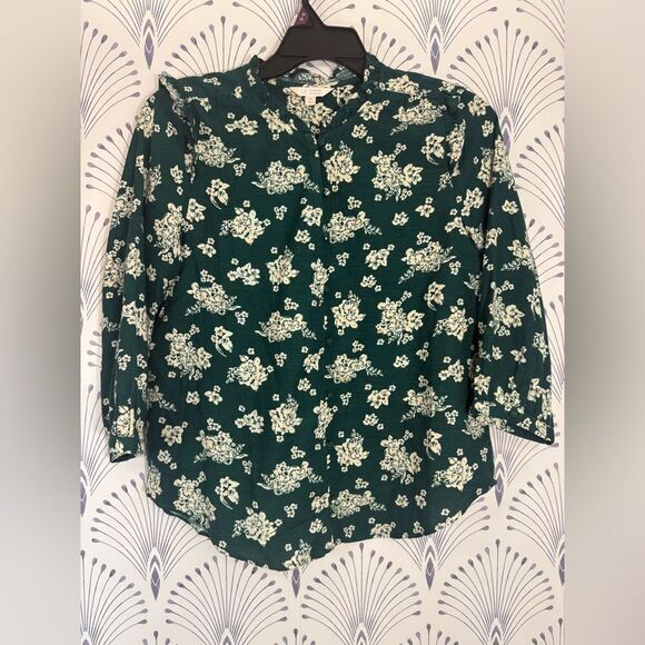 LC Lauren Conrad Green 3/4 Sleeve Button Down Shirt Green Floral women’s medium - Picture 1 of 10